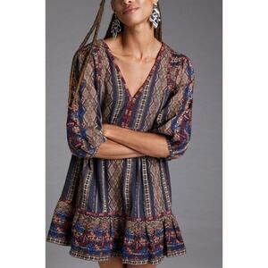 Anthropologie Embroidered 3/4 Puff Sleeves Tunic Dress Boho Size XS